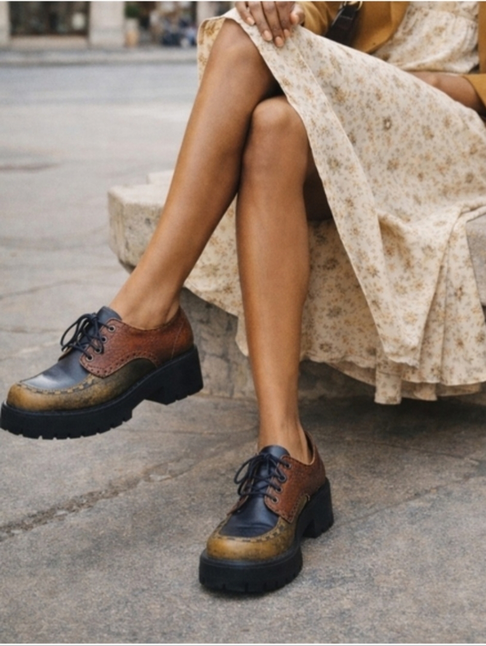 Leather Vintage Derby Chunky Shoes Multicolor Lace-Up Block Heel Grunge Grandpa